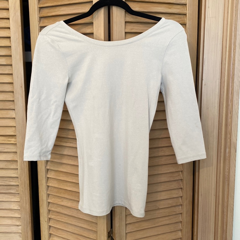 White shimmer fitted 3/4 length sleeve top, scoop back, size S